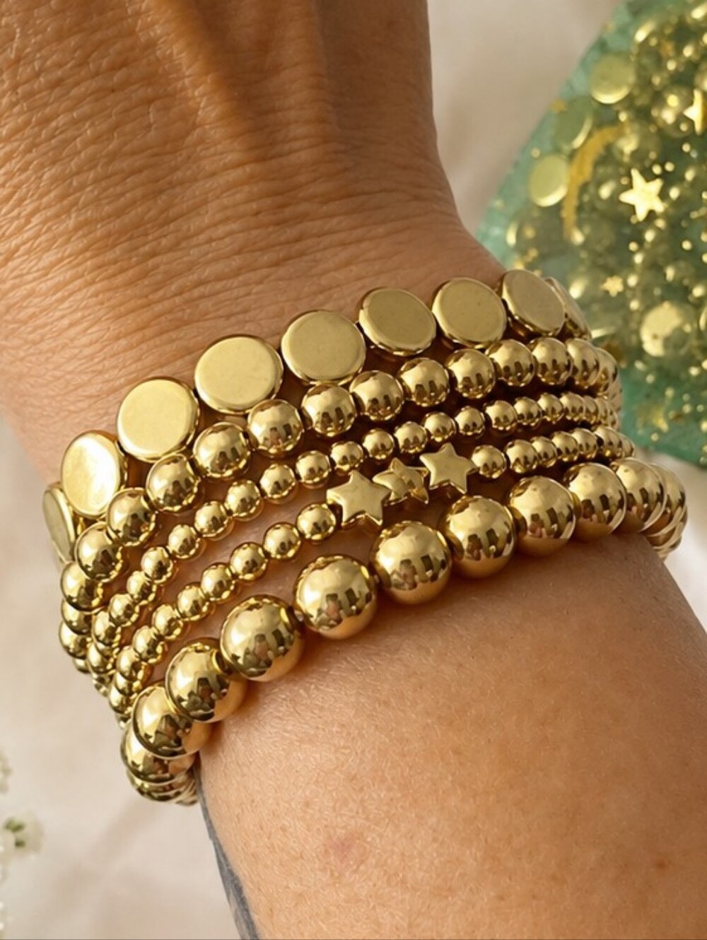 ⭐5pc Gold Tone Beaded Bracelet Stack Stretch Layering Set Mix Match⭐